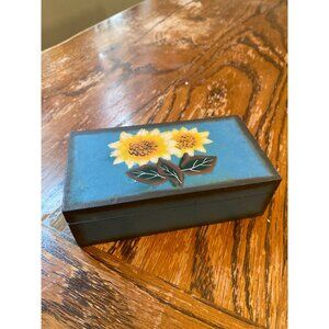 Small Blue Hand-Painted Wooden Trinket Box With Yellow Sunflowers Design